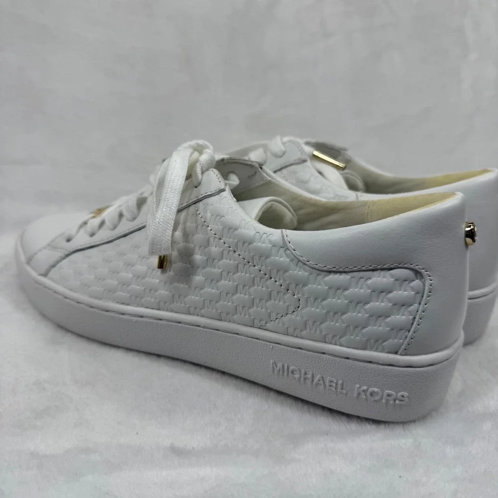 NEW Michael Kors Keaton White Leather Embossed MK Logo Sneakers Gold Hardware 7M